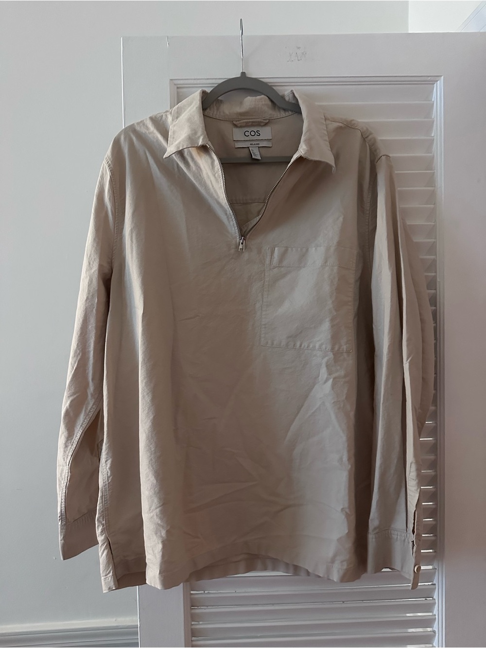 COS Relaxed Fit Half-Zip Popover Overshirt, Light Beige/Khaki, Size L